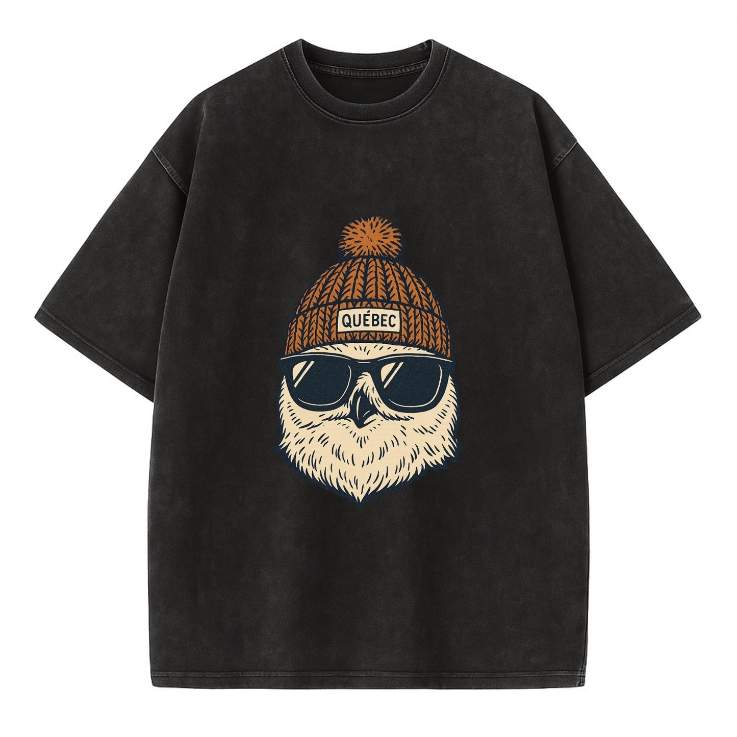 Quebec City Snowy Owl wearing Quebec beanie with pom pom and wayfarer sunglasses - Vintage T-shirt - Black