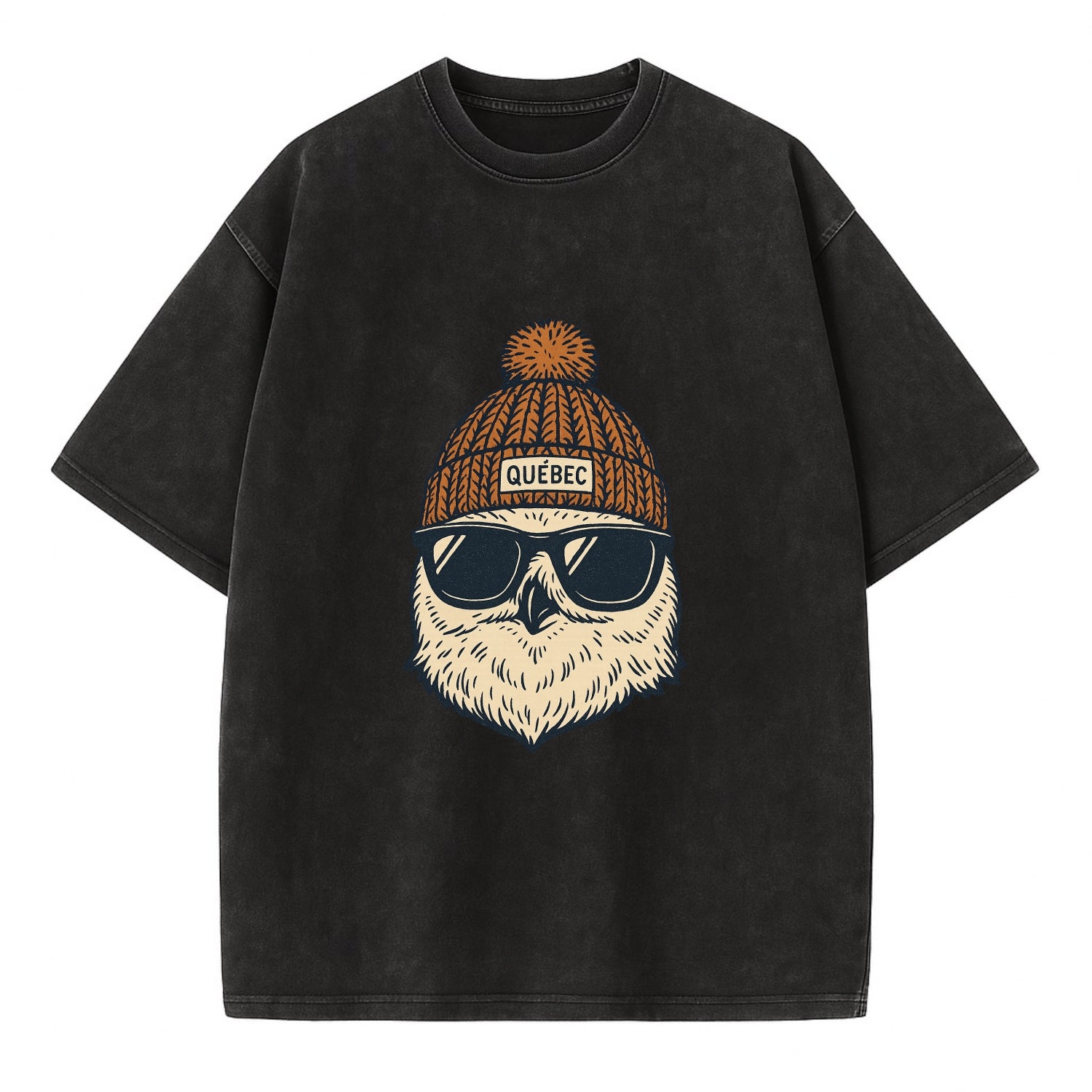 Quebec City Snowy Owl wearing Quebec beanie with pom pom and wayfarer sunglasses - Vintage T-shirt - Black