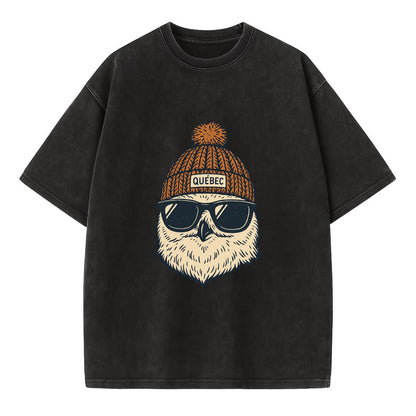 Quebec City Snowy Owl wearing Quebec beanie with pom pom and wayfarer sunglasses - Vintage T-shirt - Black