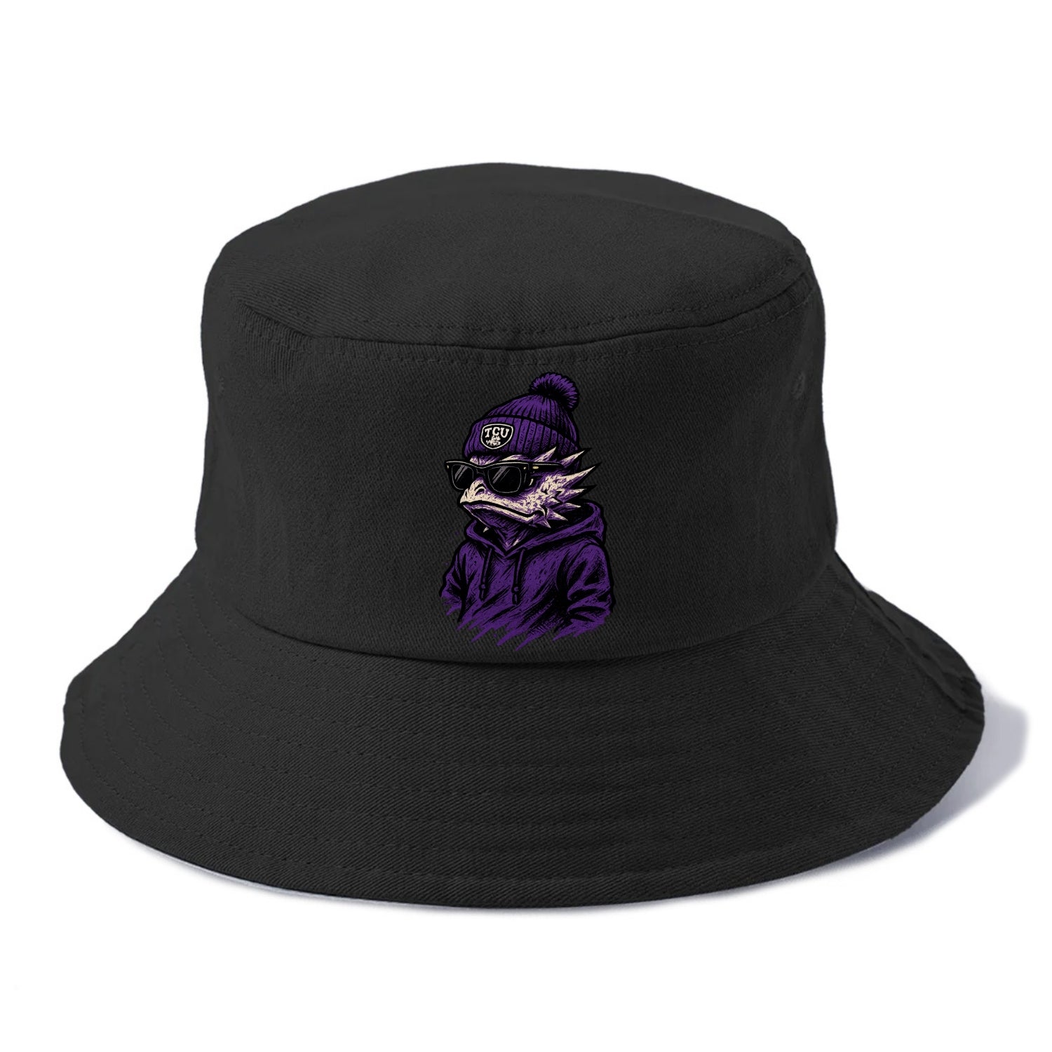 Fort Worth Horned Frog wearing TCU beanie with frog patch - Bucket Hat - Black