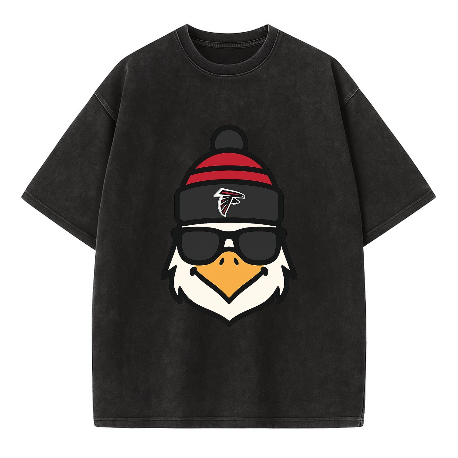 Atlanta Falcon wearing Falcons red and black beanie with pom pom and wayfarer - Vintage T-shirt - Black