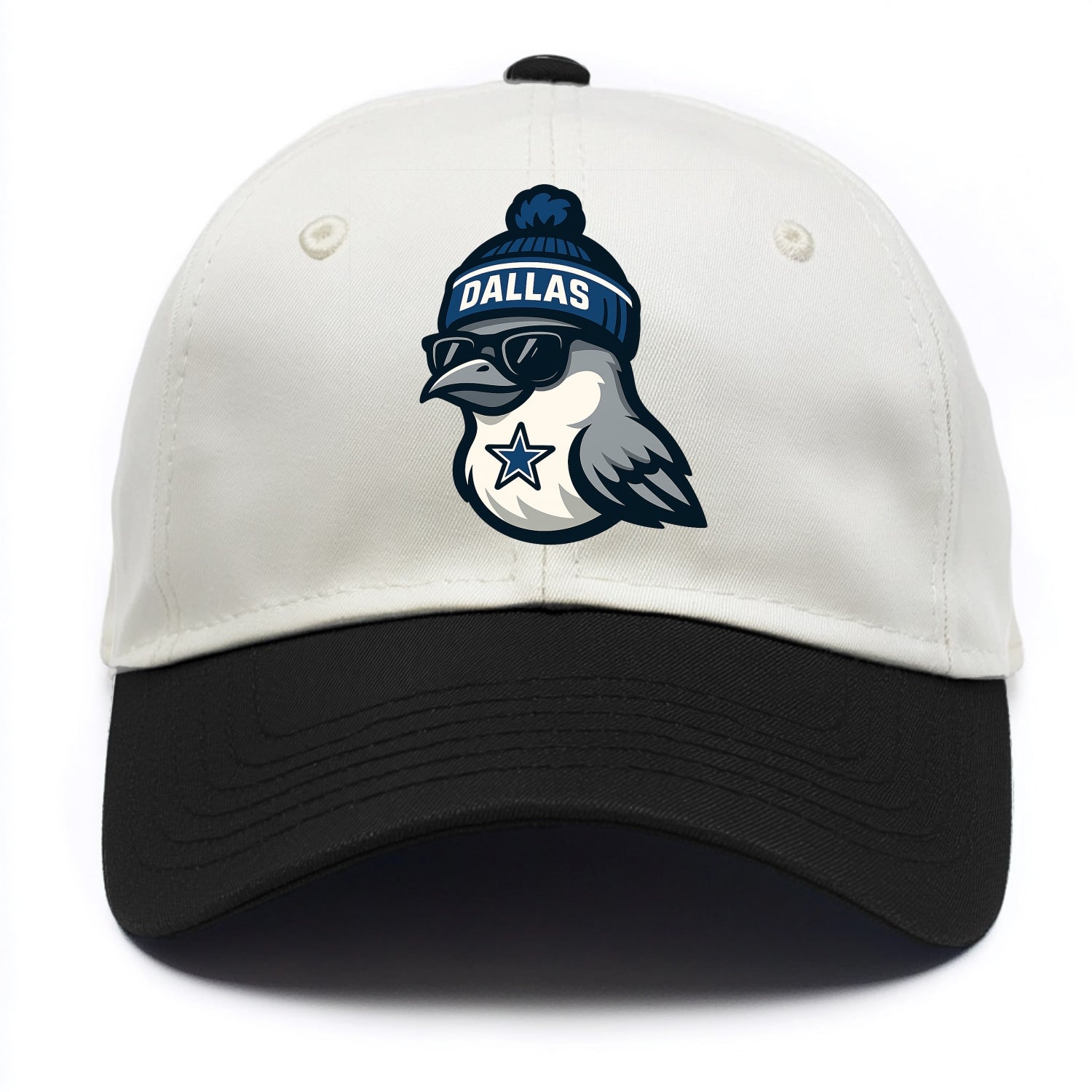 Dallas Mockingbird wearing Cowboys beanie with sheriff star and wayfarer sunglasses - Two Tone Cap - Black