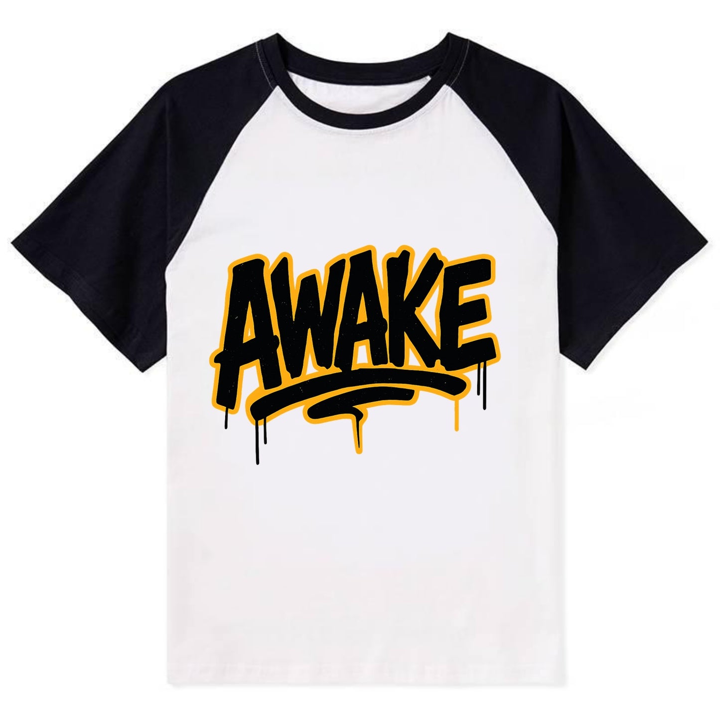 Bold typography design - "AWAKE" - conscious, aware, alert - Contrast Raglan T-shirt - Black