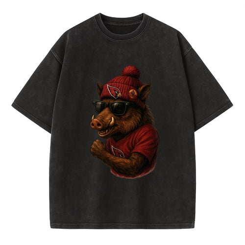 Arizona Javelina wearing Cardinals beanie with desert patch and wayfarer - Vintage T-shirt