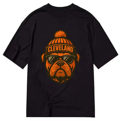 Cleveland Bulldog wearing Browns orange and brown beanie with pom pom and - Classic T-shirt - Black