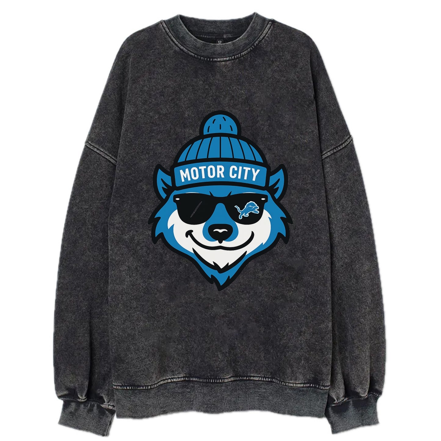 Motor City Wolverine wearing Lions beanie with gear patch and wayfarer - Vintage Sweatshirt - Black