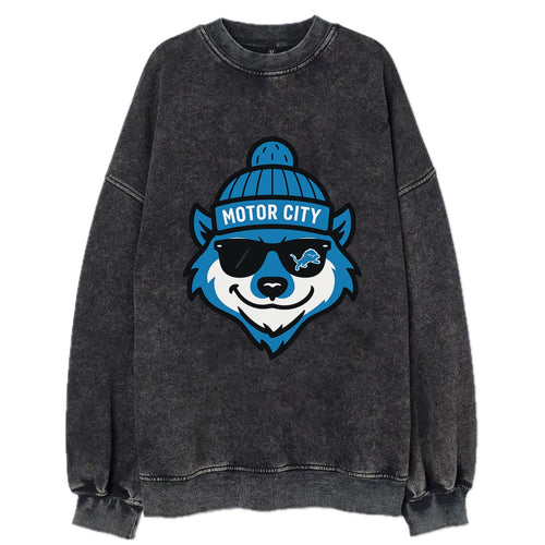 Motor City Wolverine wearing Lions beanie with gear patch and wayfarer - Vintage Sweatshirt