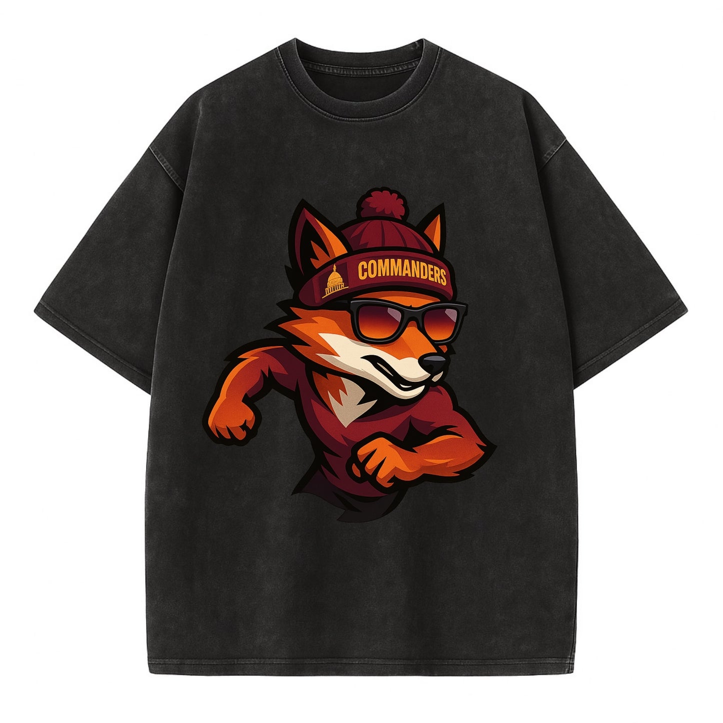 Washington Fox wearing Commanders beanie with Capitol patch and wayfarer - Vintage T-shirt - Black