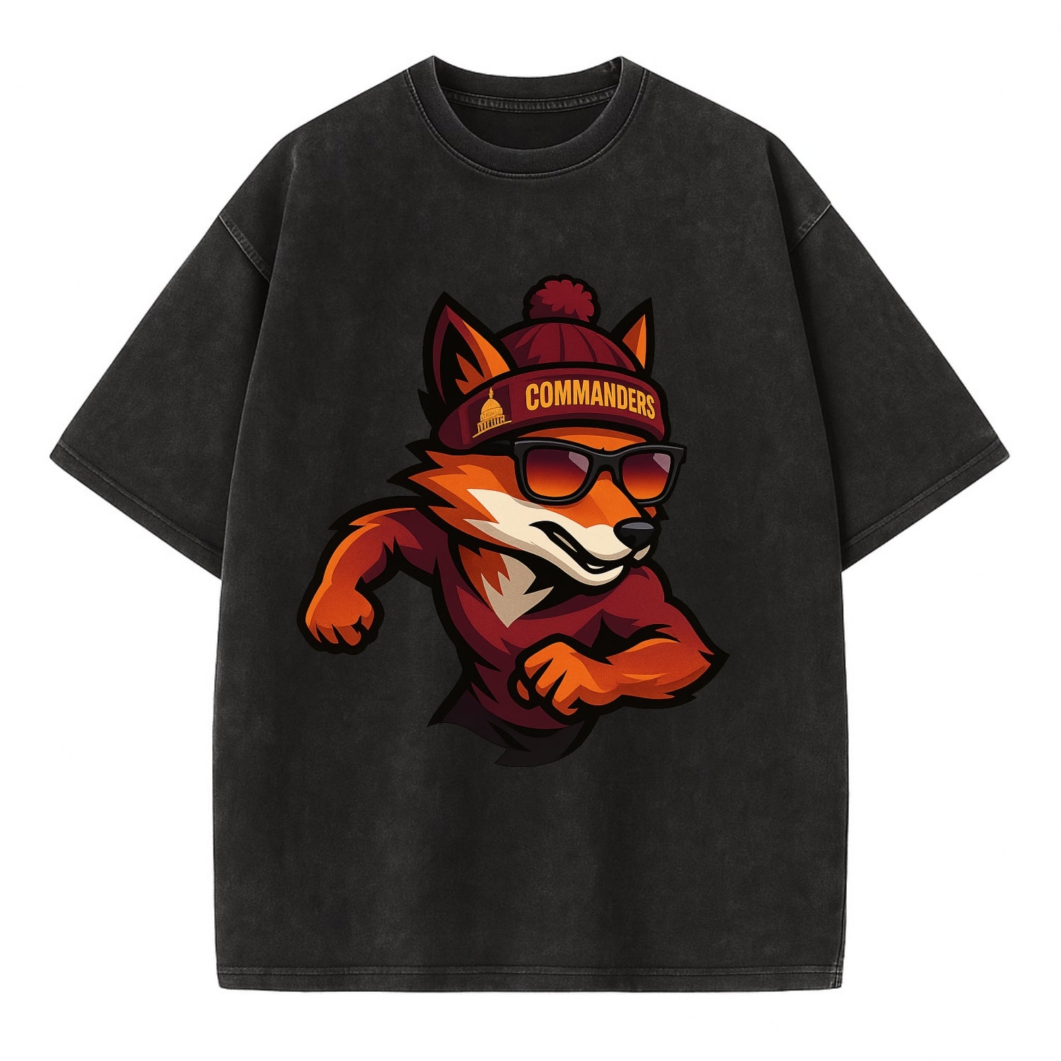 Washington Fox wearing Commanders beanie with Capitol patch and wayfarer - Vintage T-shirt - Black