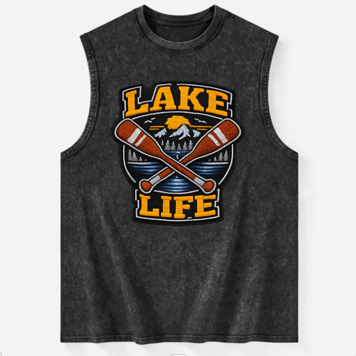 CANOE PADDLE - wooden paddle crossed in brown and cream , lake life - Vintage Washed Tank - Black