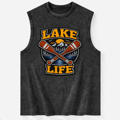 CANOE PADDLE - wooden paddle crossed in brown and cream , lake life - Vintage Washed Tank - Black