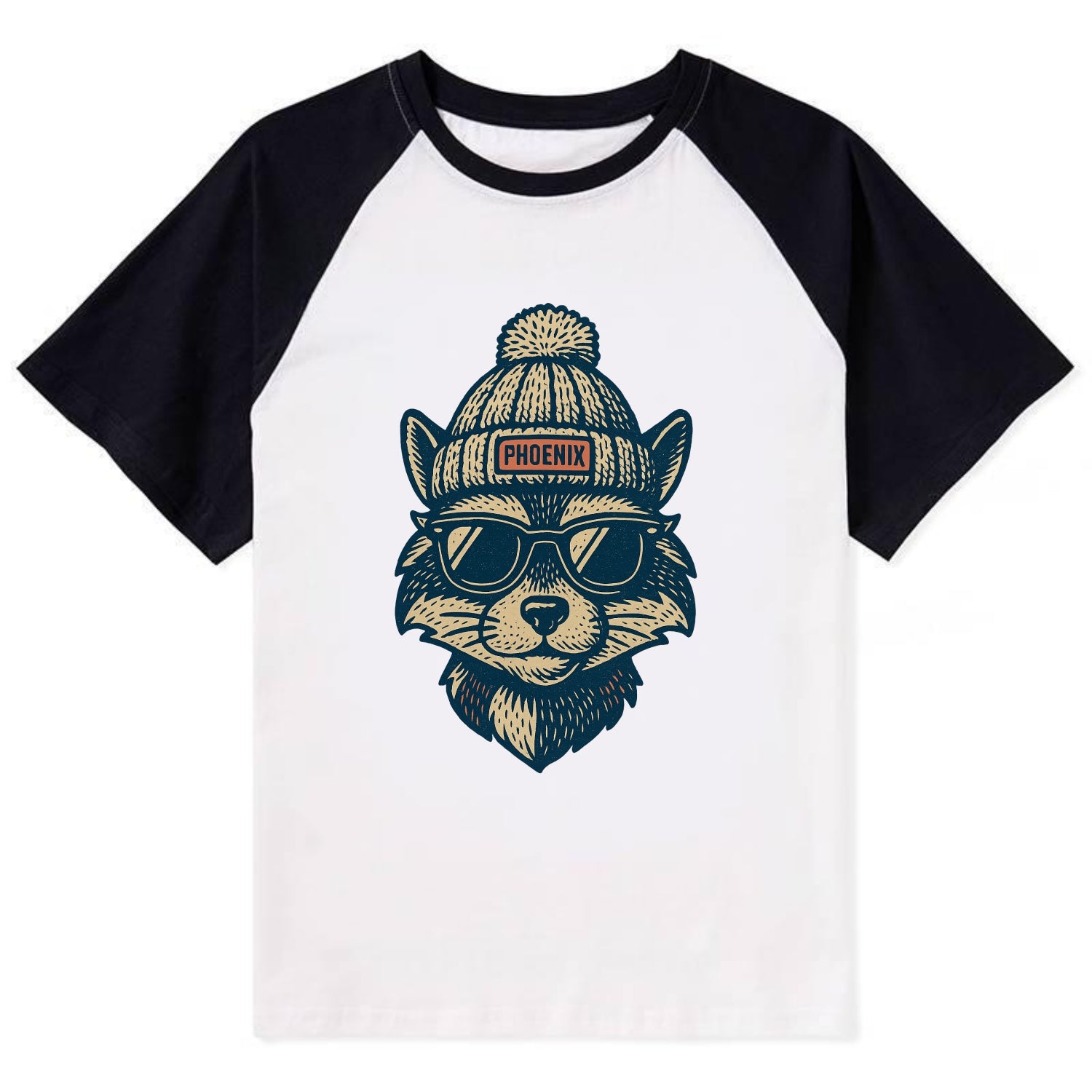 Arizona Ringtail wearing Phoenix beanie with pom pom and wayfarer - Contrast Raglan T-shirt - Black