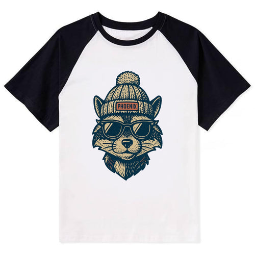 Arizona Ringtail wearing Phoenix beanie with pom pom and wayfarer - Contrast Raglan T-shirt