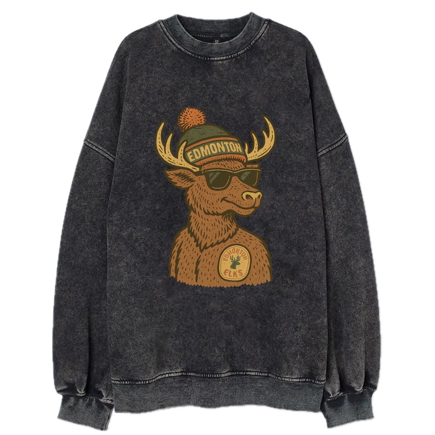 Edmonton Elk wearing Edmonton beanie with pom pom and wayfarer sunglasses - Vintage Sweatshirt - Black