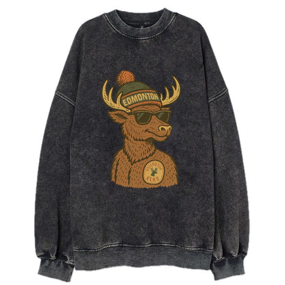 Edmonton Elk wearing Edmonton beanie with pom pom and wayfarer sunglasses - Vintage Sweatshirt - Black