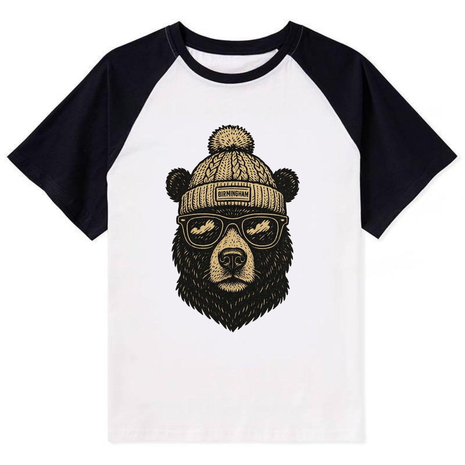 Alabama Black Bear wearing Birmingham beanie with pom pom and wayfarer - Contrast Raglan T-shirt - Black