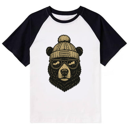 Alabama Black Bear wearing Birmingham beanie with pom pom and wayfarer - Contrast Raglan T-shirt - Black