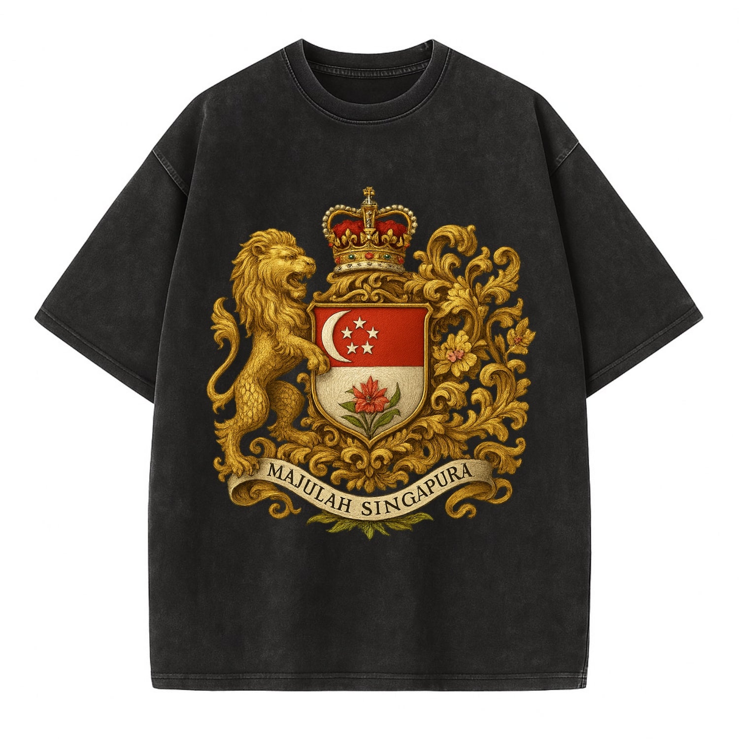 Singapore Merlion Emblem  - Vintage T-shirt - Black