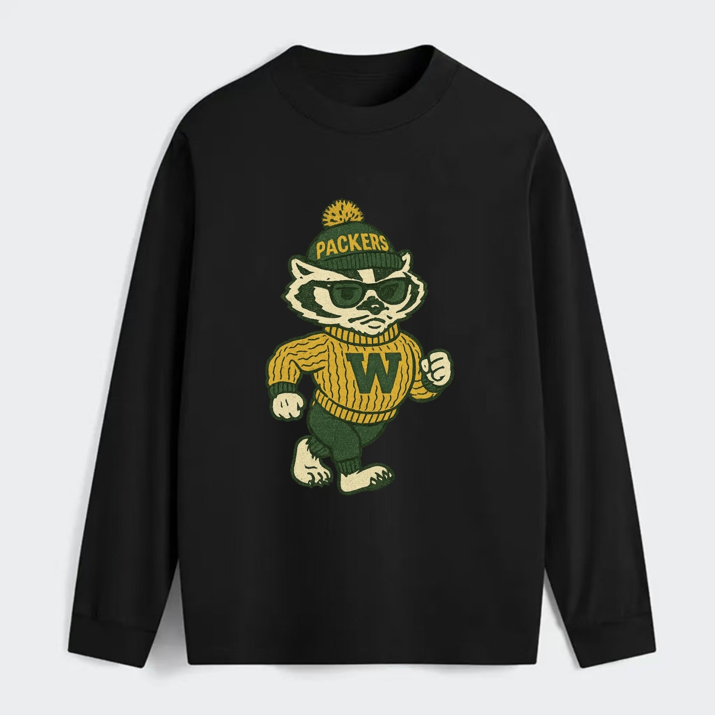 Wisconsin Badger wearing Packers green and gold beanie with pom pom and - Classic Long Sleeve Shirt - Black