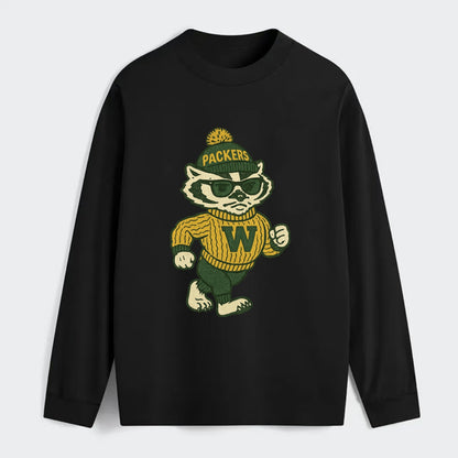 Wisconsin Badger wearing Packers green and gold beanie with pom pom and - Classic Long Sleeve Shirt - Black