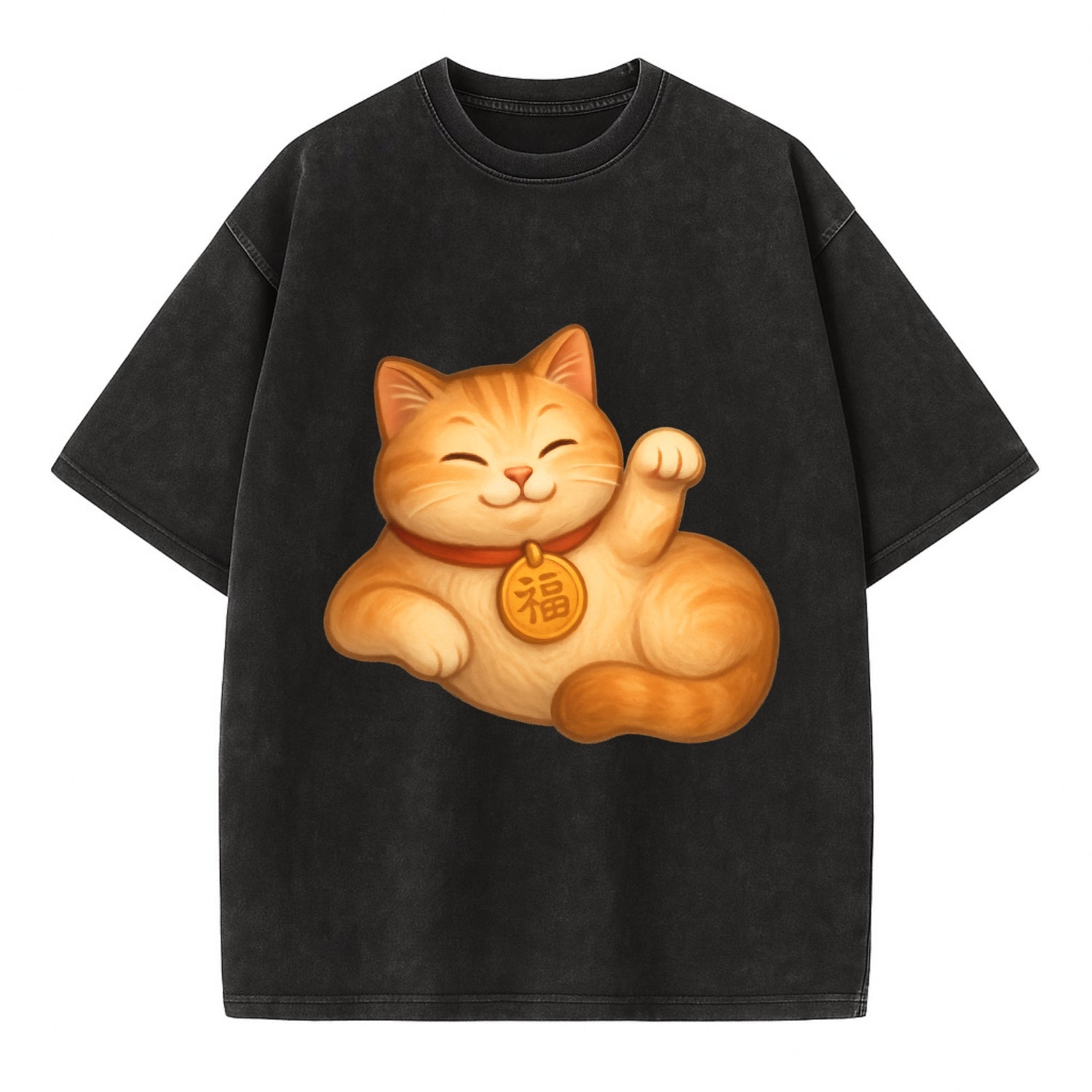 Maneki Neko Pose - Vintage T-shirt - Black