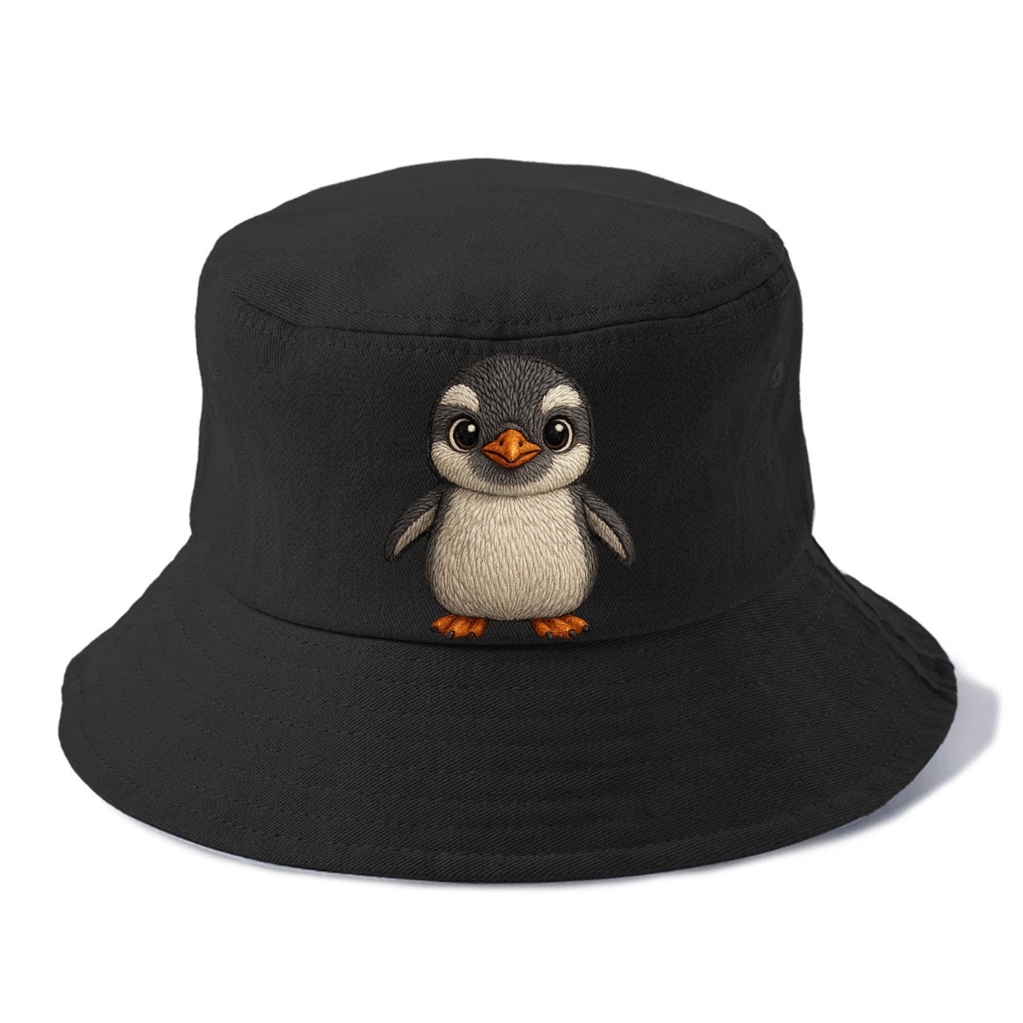 Baby Gentoo Penguin - orange beak, white cap, bright eyes, front-facing, energetic - Bucket Hat - Black