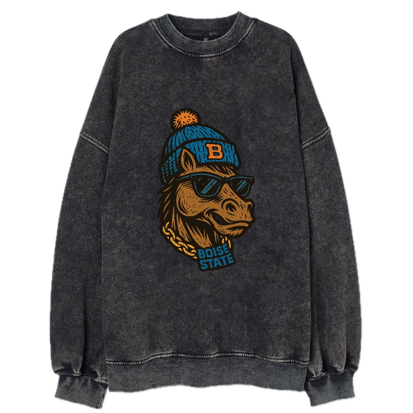 Boise Bronco wearing Boise State beanie with B patch - Vintage Sweatshirt - Black