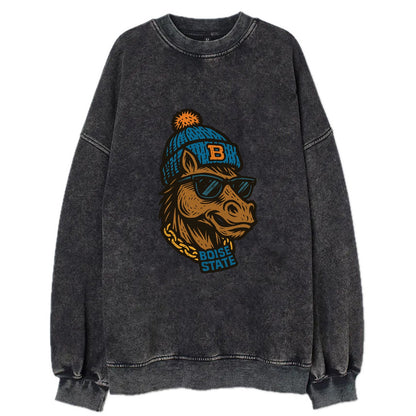 Boise Bronco wearing Boise State beanie with B patch - Vintage Sweatshirt - Black