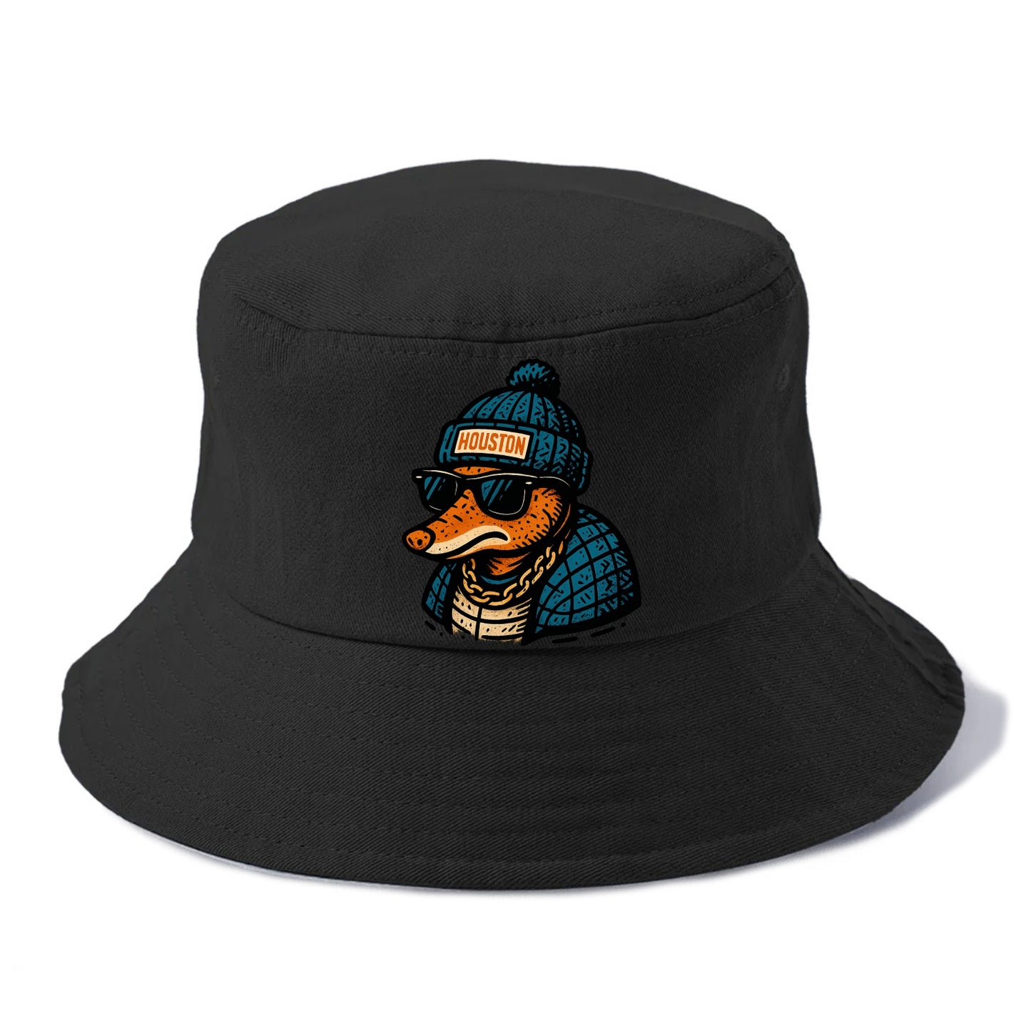 Houston Armadillo wearing Houston beanie with pom pom and wayfarer sunglasses - Bucket Hat - Black