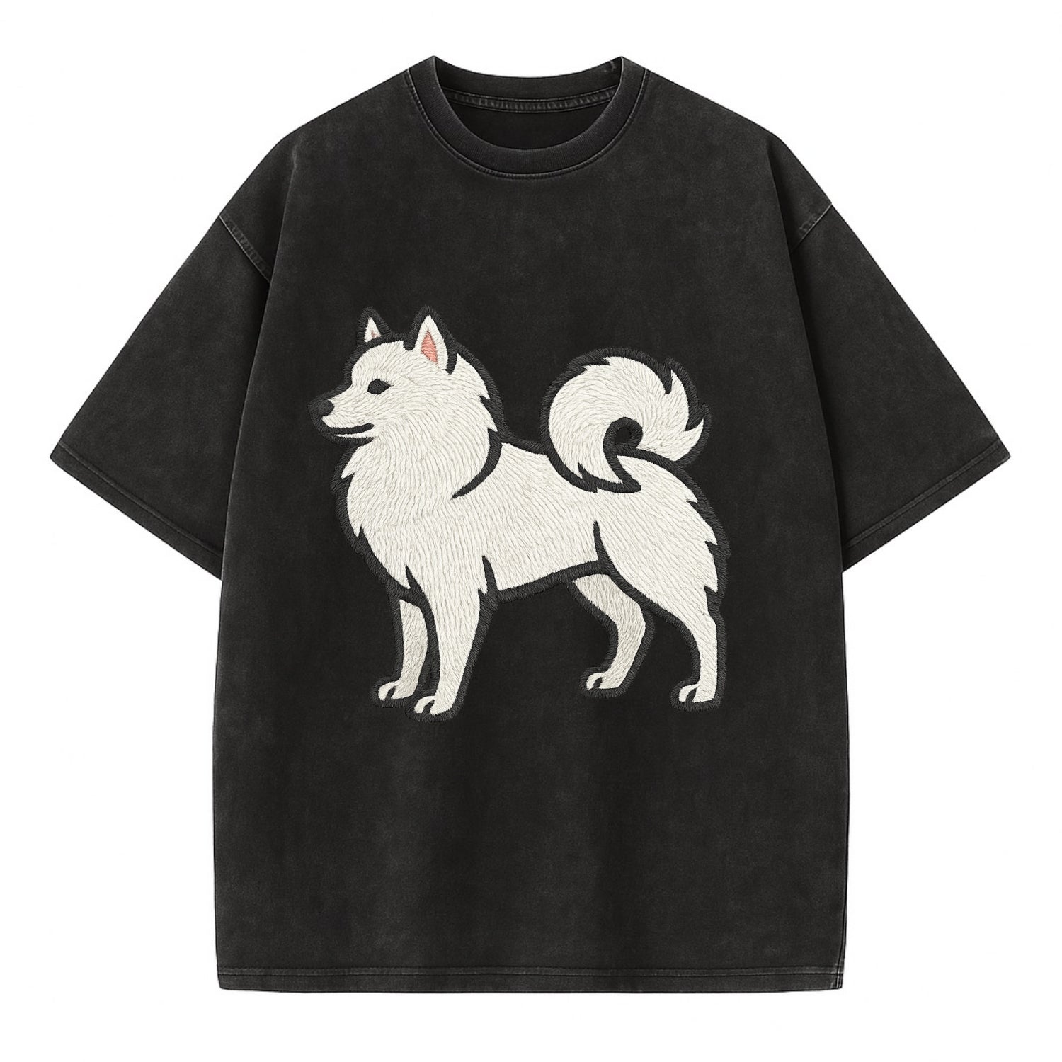 American Eskimo Dog - White spitz embroidered standing design - Vintage T-shirt - Black