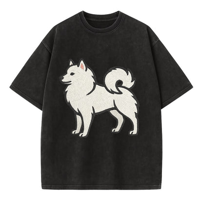American Eskimo Dog - White spitz embroidered standing design - Vintage T-shirt - Black