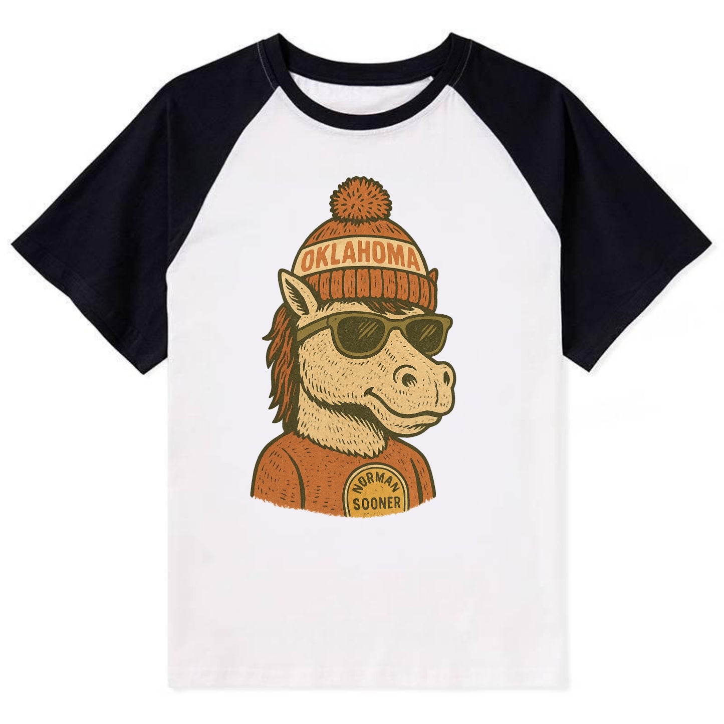 Norman Sooner Horse wearing Oklahoma bea - Contrast Raglan T-shirt - Black