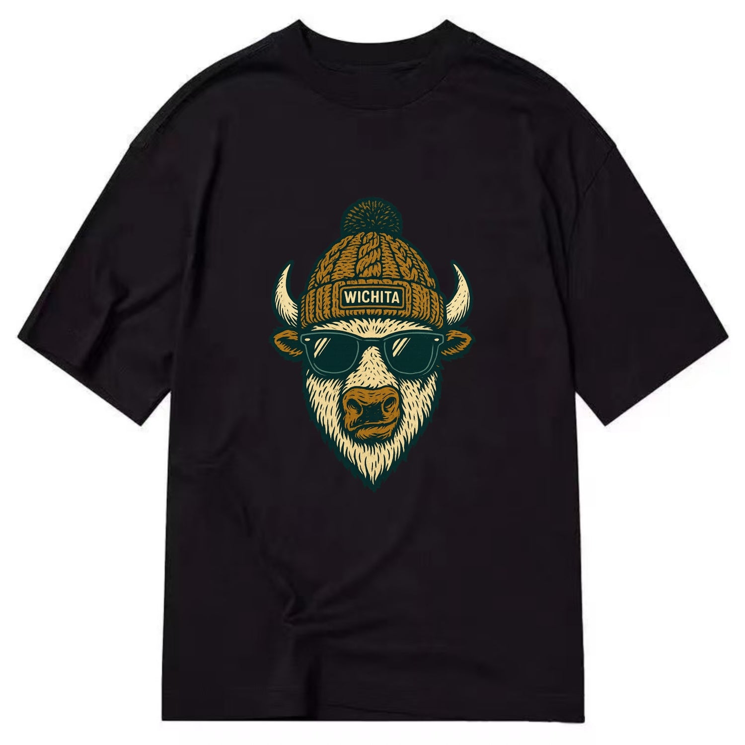 Kansas American Bison wearing Wichita beanie with pom pom and wayfarer sunglasses - Classic T-shirt - Black