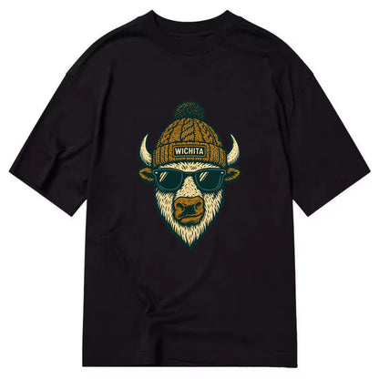 Kansas American Bison wearing Wichita beanie with pom pom and wayfarer sunglasses - Classic T-shirt - Black