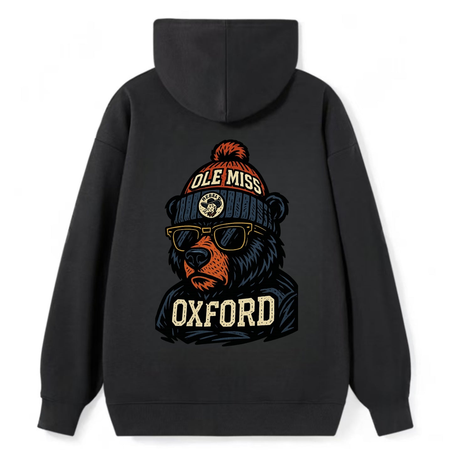 Oxford Black Bear wearing Ole Miss beanie with rebel patch - Classic Pullover Hoodie - Black