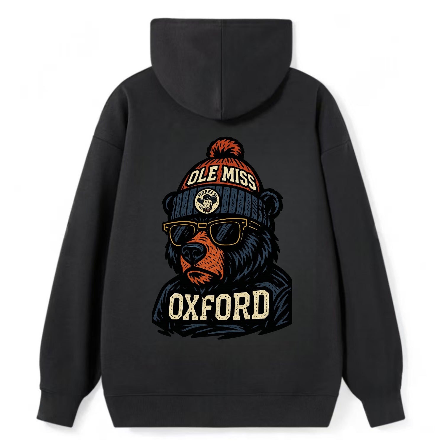 Oxford Black Bear wearing Ole Miss beanie with rebel patch - Classic Pullover Hoodie - Black