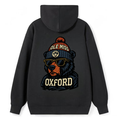 Oxford Black Bear wearing Ole Miss beanie with rebel patch - Classic Pullover Hoodie - Black
