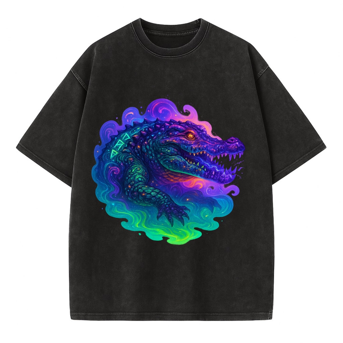 Primordial crocodile with scales pulsing plasma energy in green and purple, - Vintage T-shirt - Black