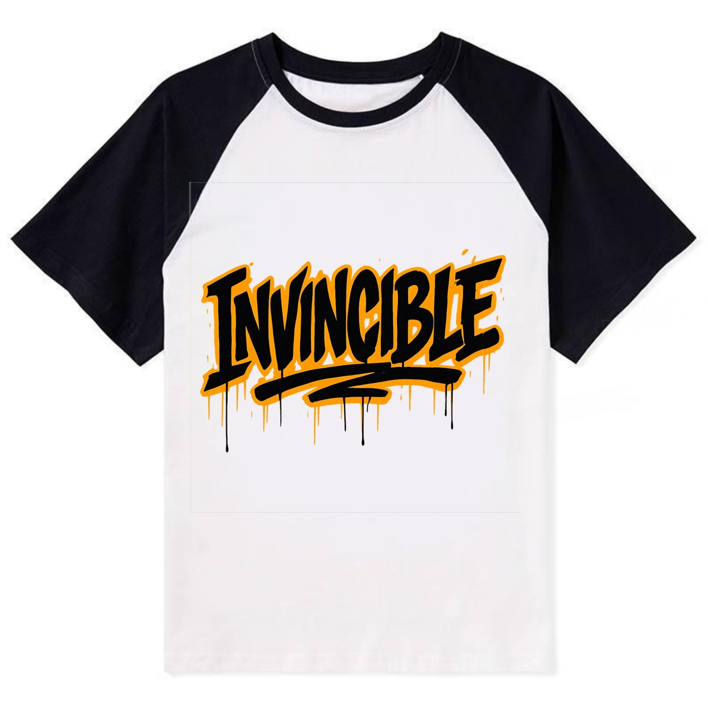 Bold typography design - "INVINCIBLE" - cannot be defeated, unconquerable - Contrast Raglan T-shirt - Black