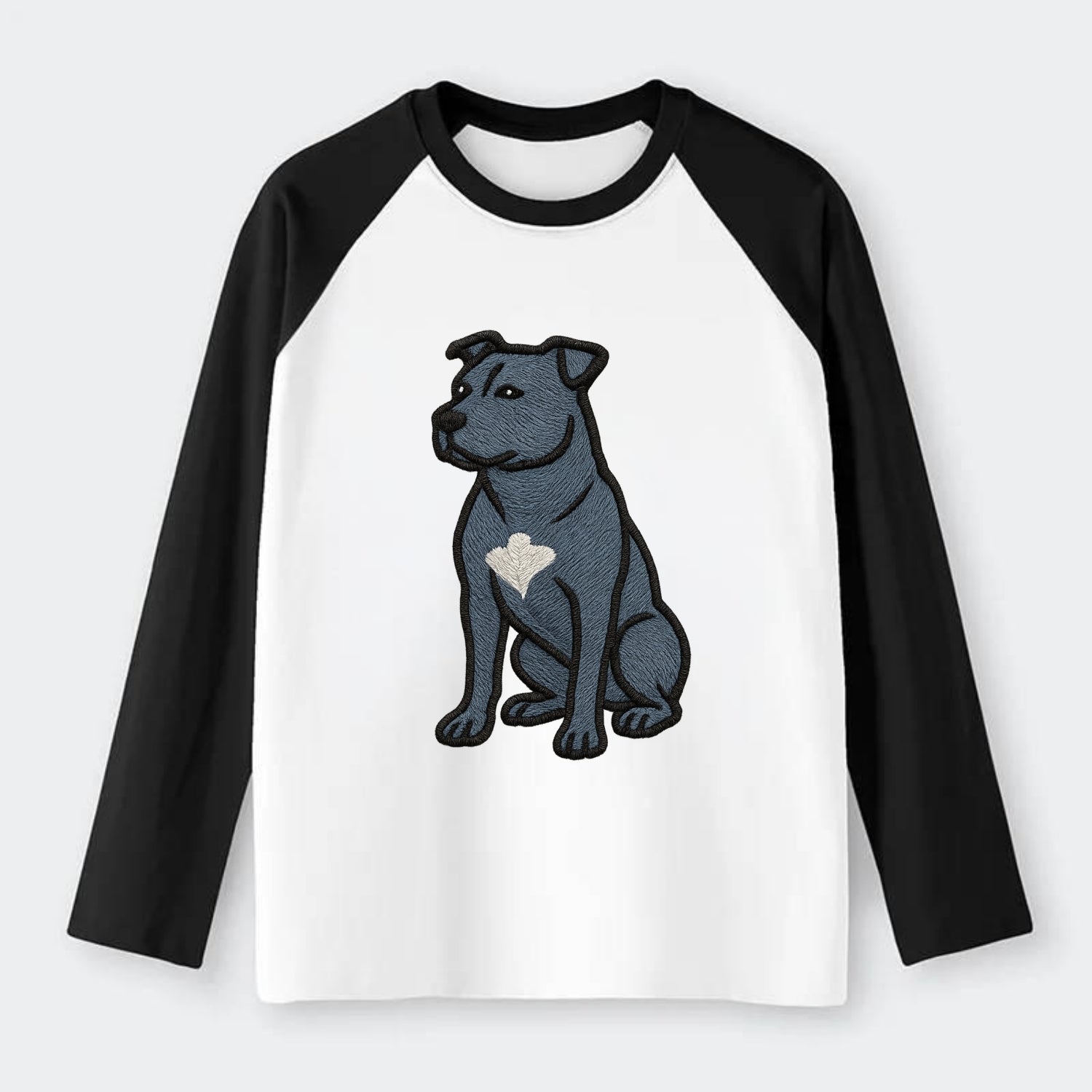 American Staffordshire Terrier - Blue embroidered design - Raglan Long Sleeve T-Shirt - Black