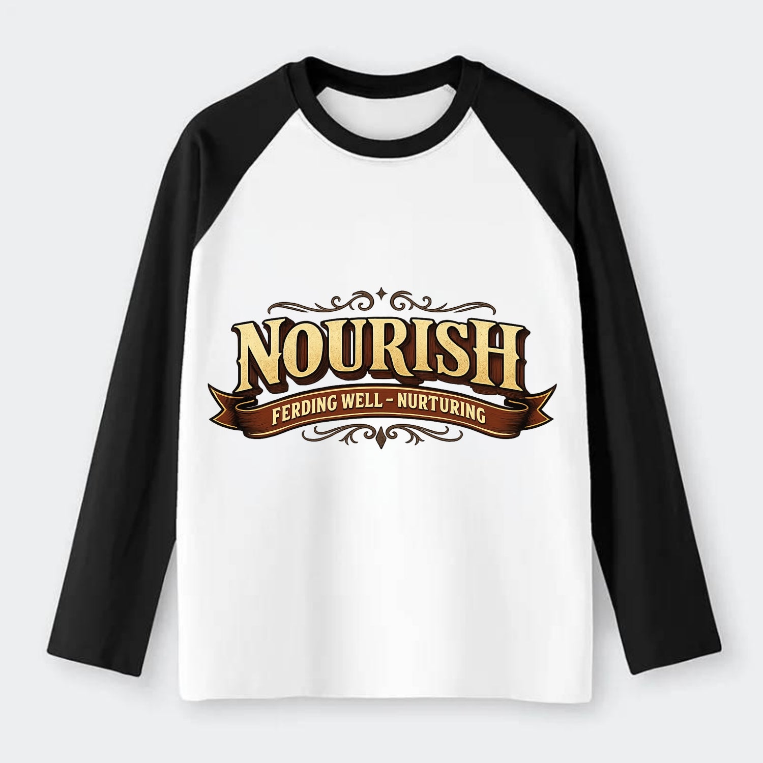 Bold typography design - "NOURISH" - feeding well, nurturing - Raglan Long Sleeve T-Shirt - Black