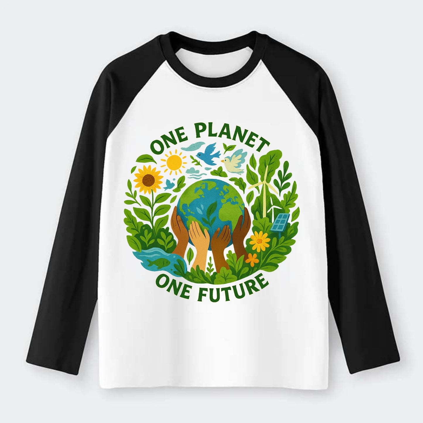 Globe surrounded by hands of all colors working together - "One - Raglan Long Sleeve T-Shirt - Black