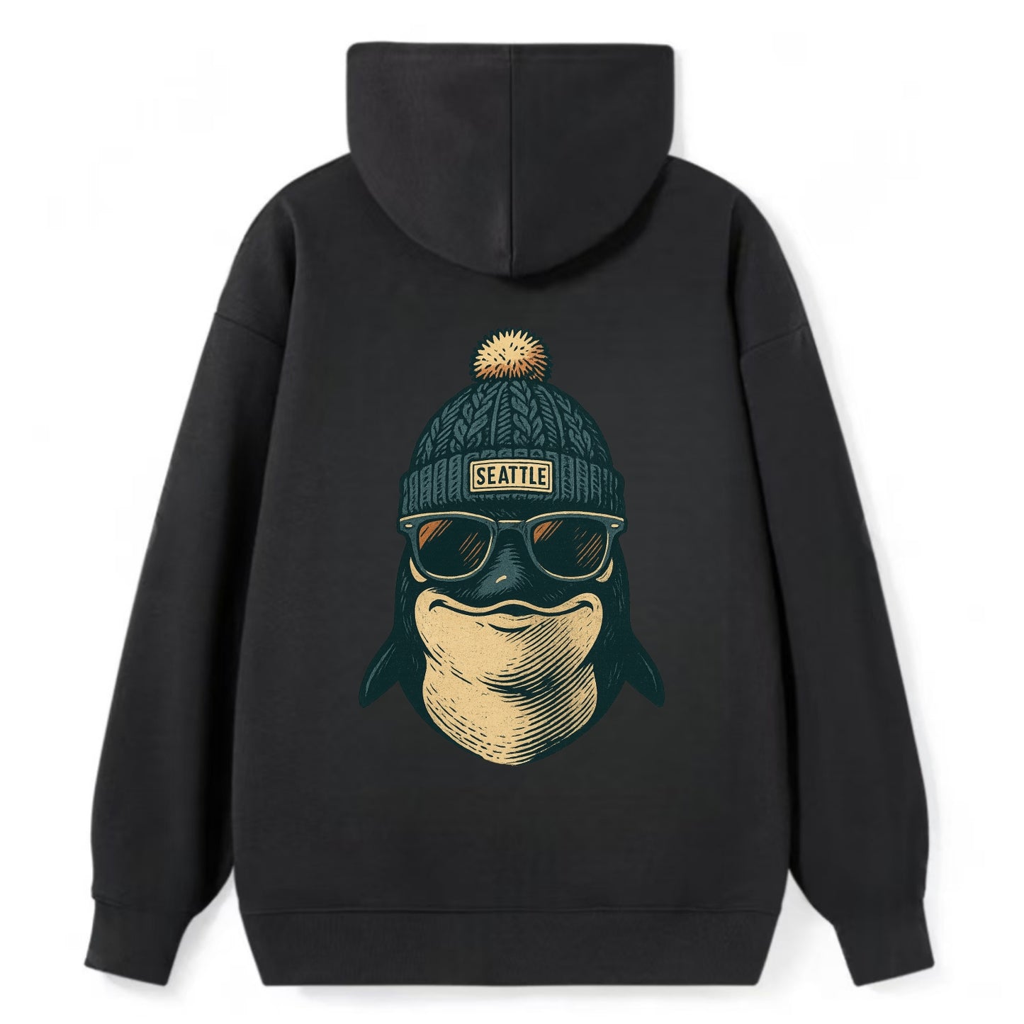 Washington Orca wearing Seattle beanie with pom pom and wayfarer - Classic Pullover Hoodie - Black