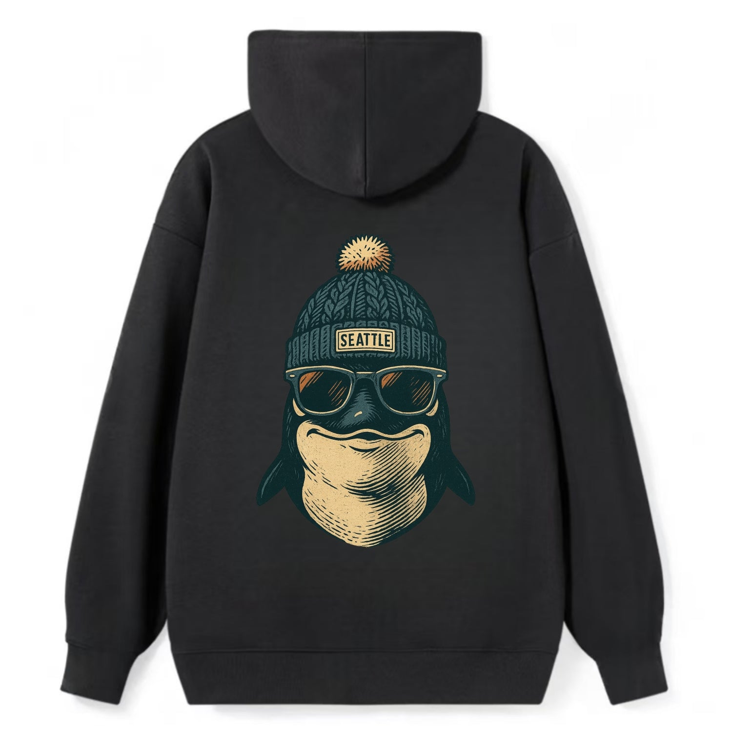 Washington Orca wearing Seattle beanie with pom pom and wayfarer - Classic Pullover Hoodie - Black