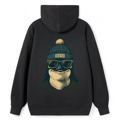 Washington Orca wearing Seattle beanie with pom pom and wayfarer - Classic Pullover Hoodie - Black