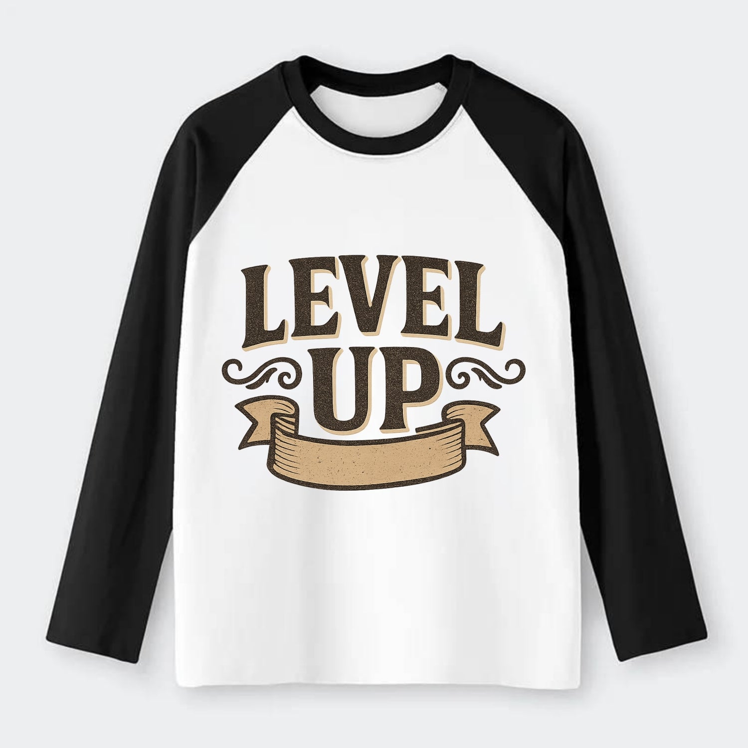 Bold typography design - "LEVEL UP" - improving, advancing, growing - Raglan Long Sleeve T-Shirt - Black