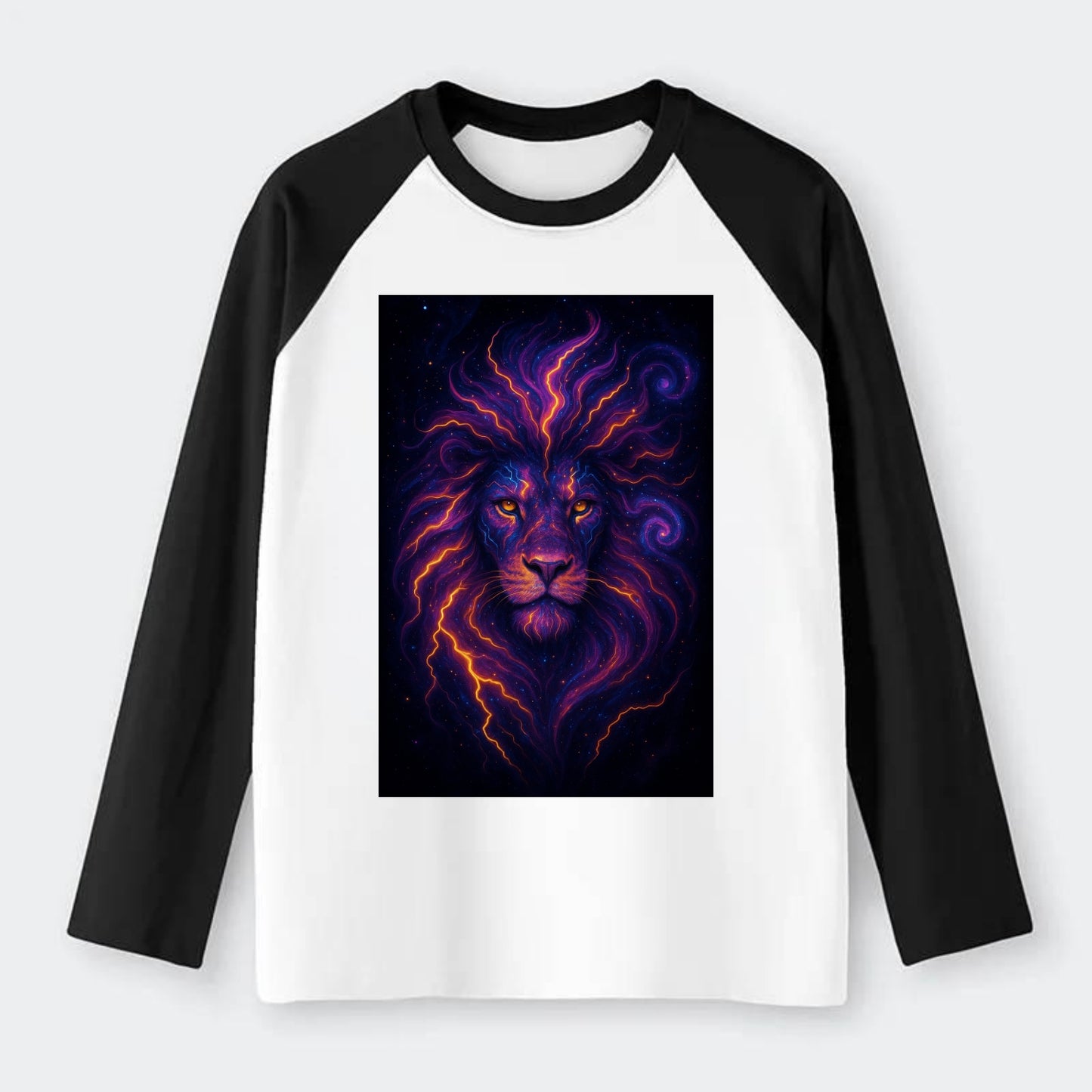 Regal lion with mane made of electric currents, neon yellow and hot - Raglan Long Sleeve T-Shirt - Black