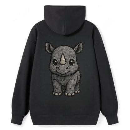Baby Rhino - gray armor skin, tiny horn nub, round eyes, front-facing, - Classic Pullover Hoodie - Black