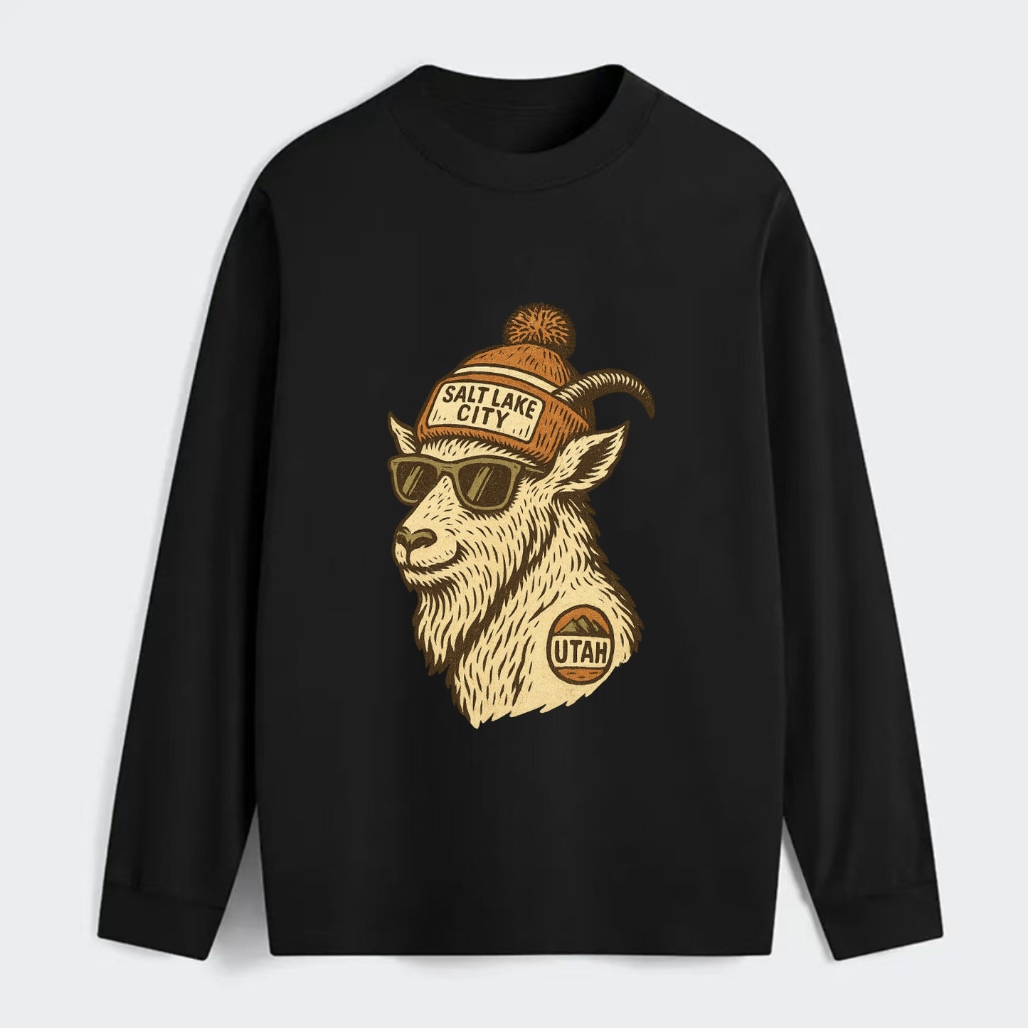 Utah Mountain Goat wearing Salt Lake City beanie with pom pom and - Classic Long Sleeve Shirt - Black
