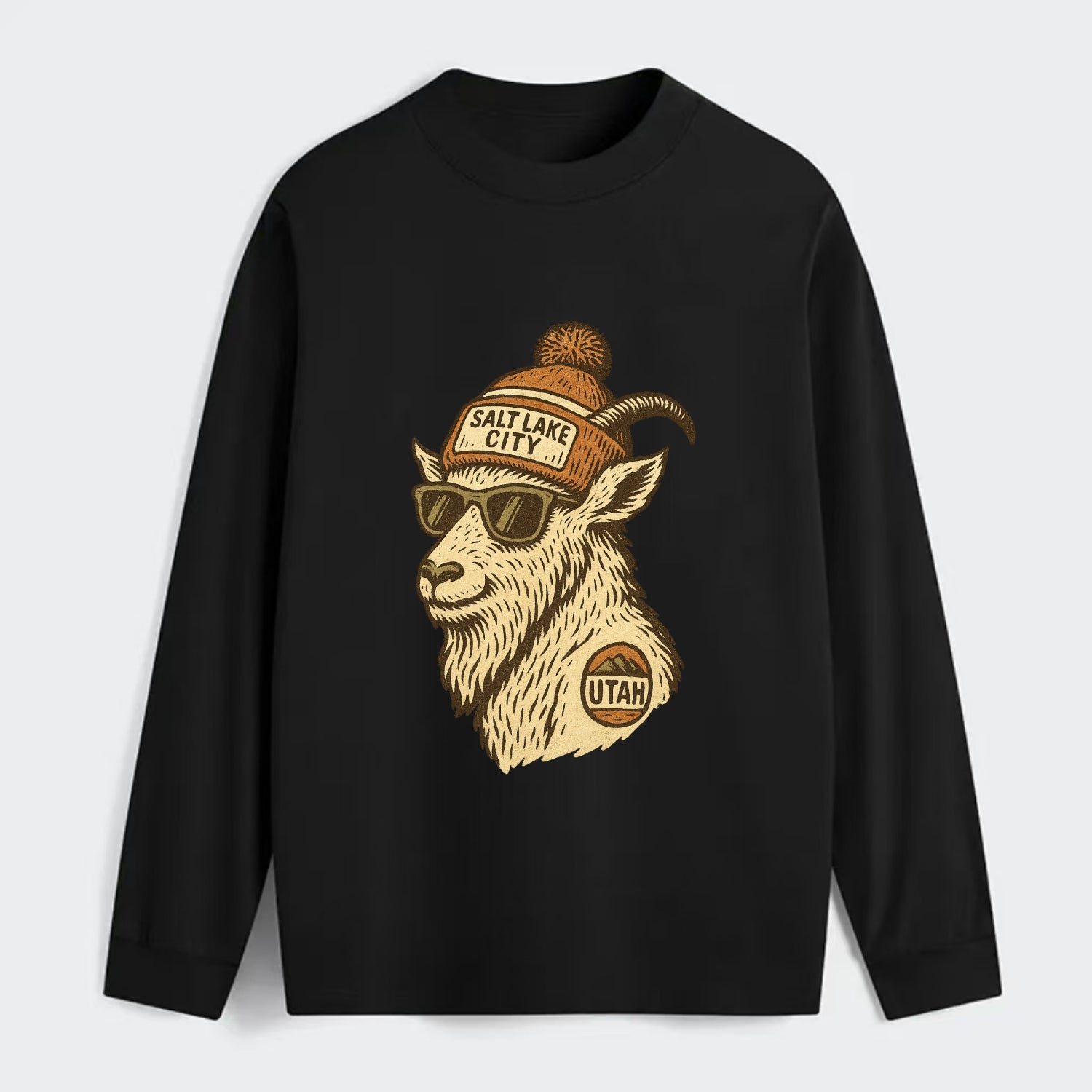 Utah Mountain Goat wearing Salt Lake City beanie with pom pom and - Classic Long Sleeve Shirt - Black
